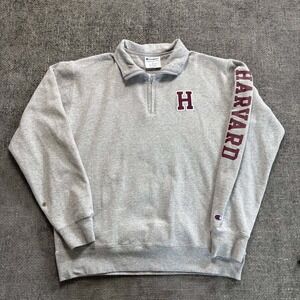 Champion Harvard Quarter Zip Sweatshirt Mens XL Gray Collegiate Sleeve Graphic